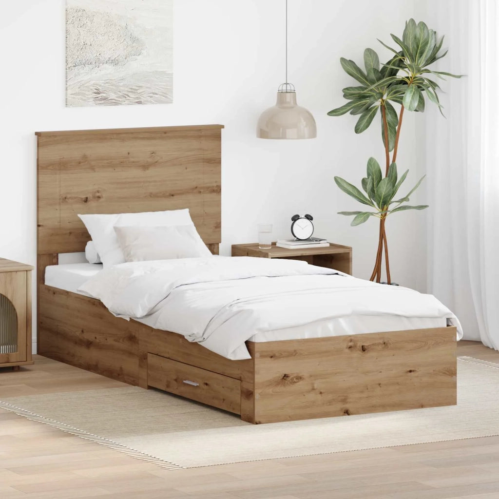 Letto singolo | Letto per adulti | Struttura del letto con testiera Rovere artigianale 90 x 190 cm