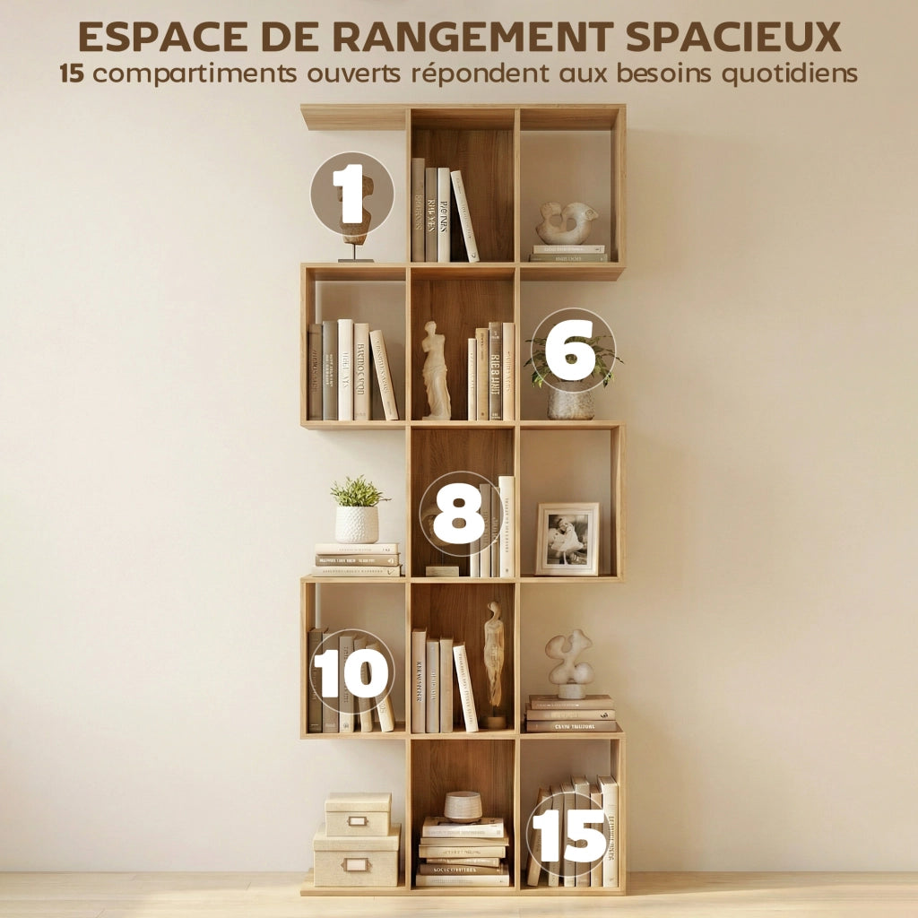 Libreria a 5 livelli forma S ¨C Xylo ¨C 15 scomparti aperti legno quercia 80x24x200cm