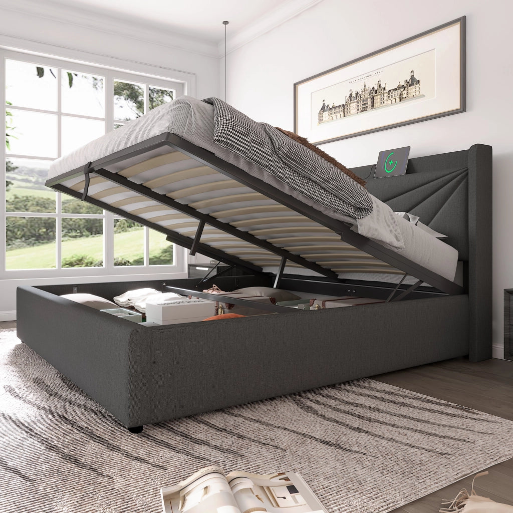 Letto Contenitore Imbottito Matrimoniale con USB ¨C MINIMAL ¨C Tessuto Lino 160x200 con Doghe