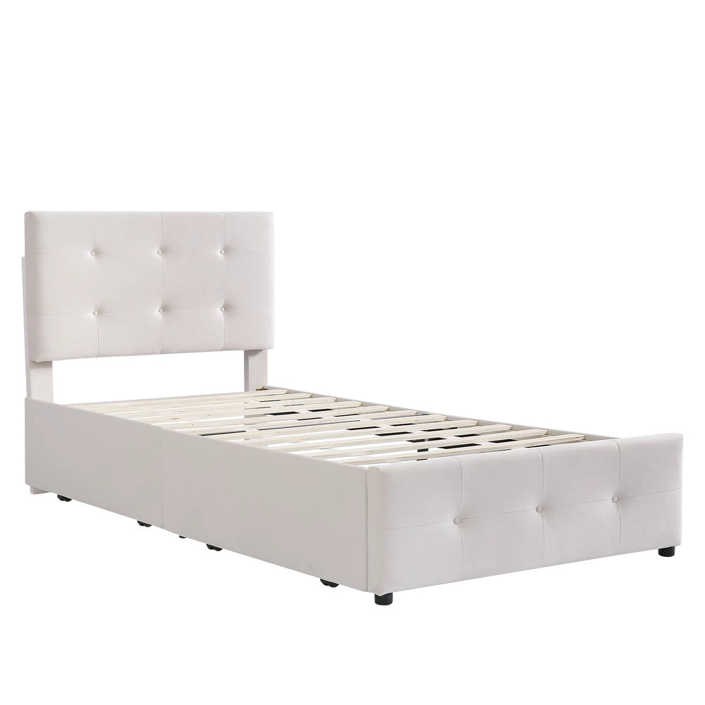 Letto Singolo Imbottito con Cassetti e Rete ¨C MINIMAL ¨C Velluto Beige 90x200