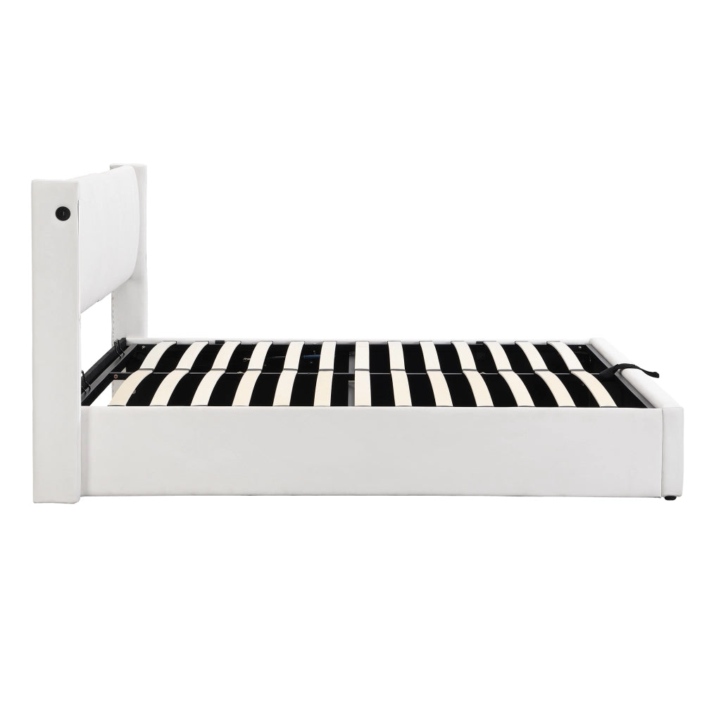 LETTO imbottito 160x200 cm in PU bianco con LED, USB e contenitore