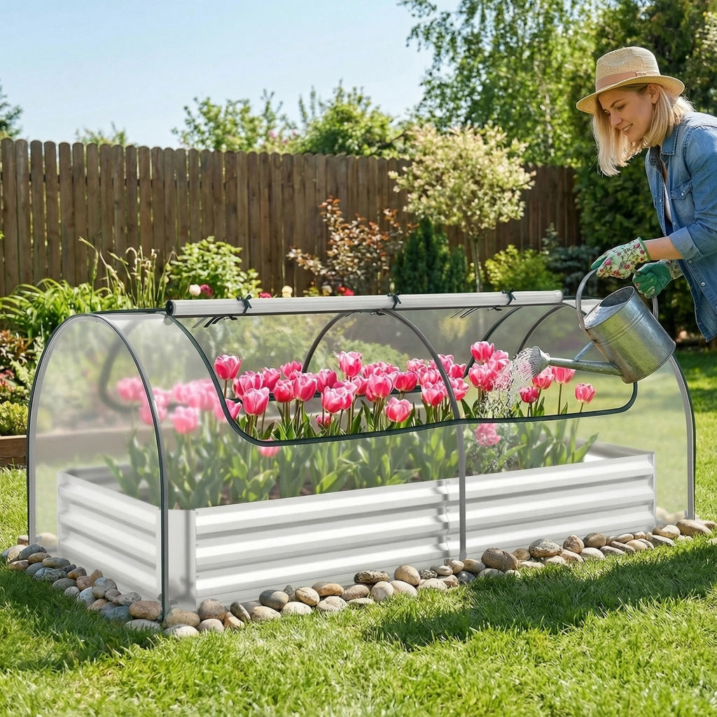 Letto da giardino rialzato zincato con copertura 2 porte a rullo, Serra da esterno per coltivazione di erbe aromatiche verdure Verde