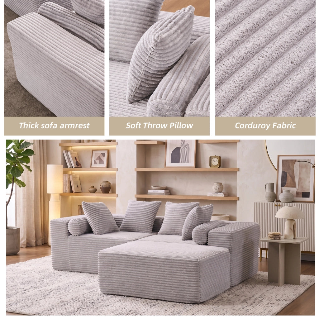 Divano angolare modulare a 3 pezzi con chaise longue grigio in schiuma e molle senza attrezzi per appartamenti