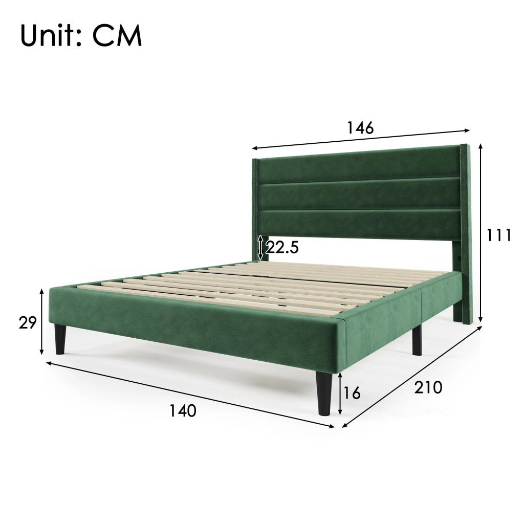 LETTO imbottito 140x200 cm in velluto verde con materasso incluso e rete a doghe