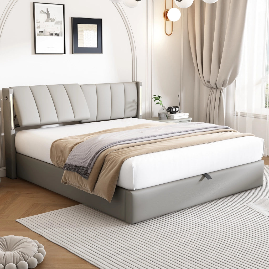 LETTO 140x190 cm in PU Grigio con LED, USB e rete a doghe