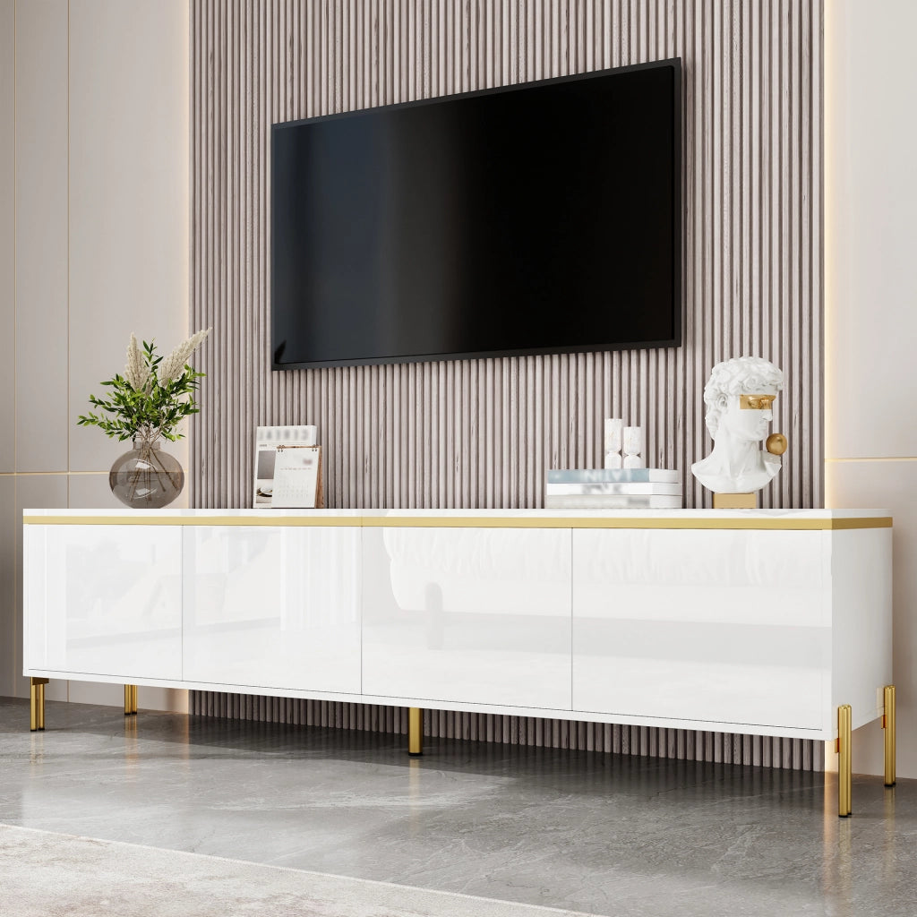 Mobile TV moderno lucido bianco con 4 ante, passacavi e dettagli oro