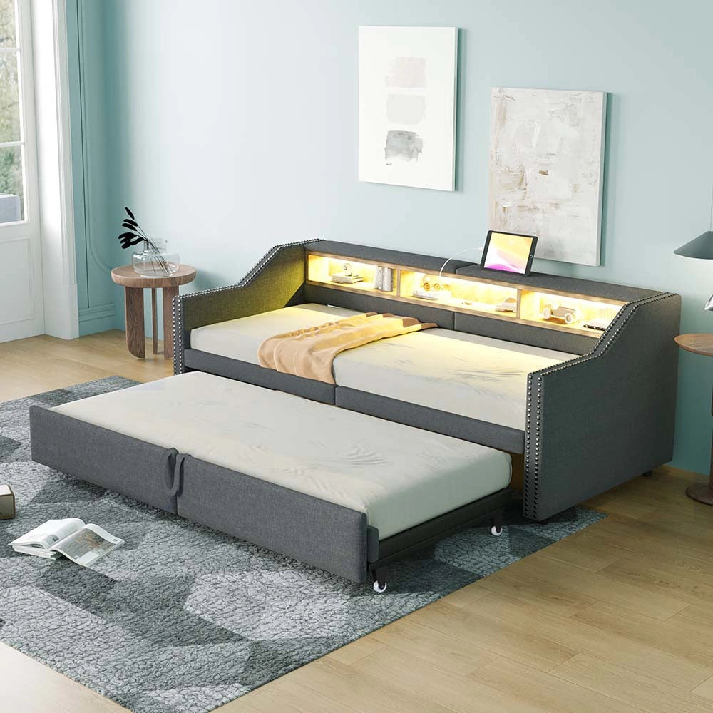 Divano letto - Xylo - 90x200 cm LED USB contenitore grigio scuro