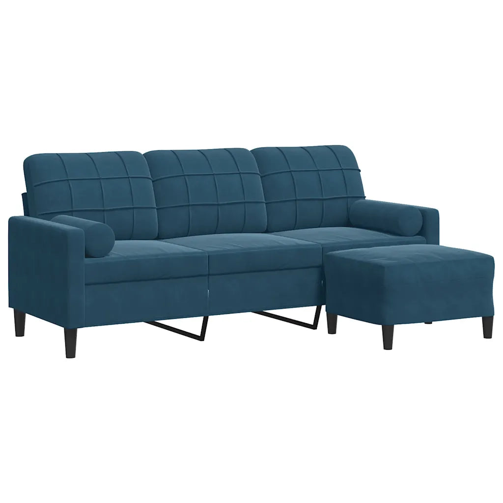 Divano a 3 Posti con Poggiapiedi Blu 180 cm in Velluto
