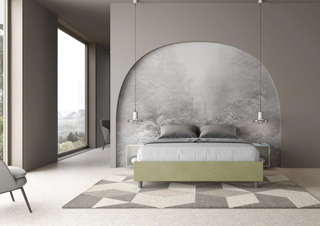 BS COM Letto matrimoniale francese contenitore imbottito 140x190 microfibra tè verde