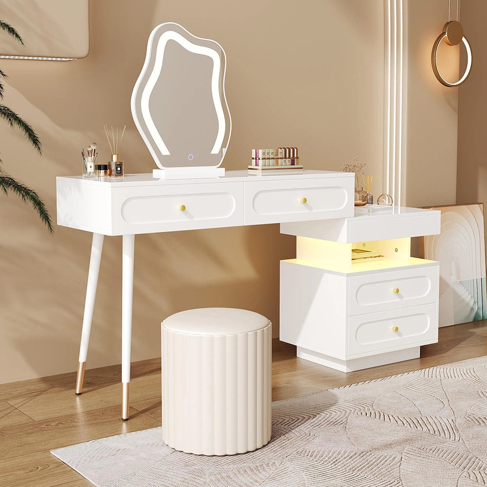 Tavolo trucco LED-Xylo-140x40x130cm, 4 cassetti, vano aperto, bianco