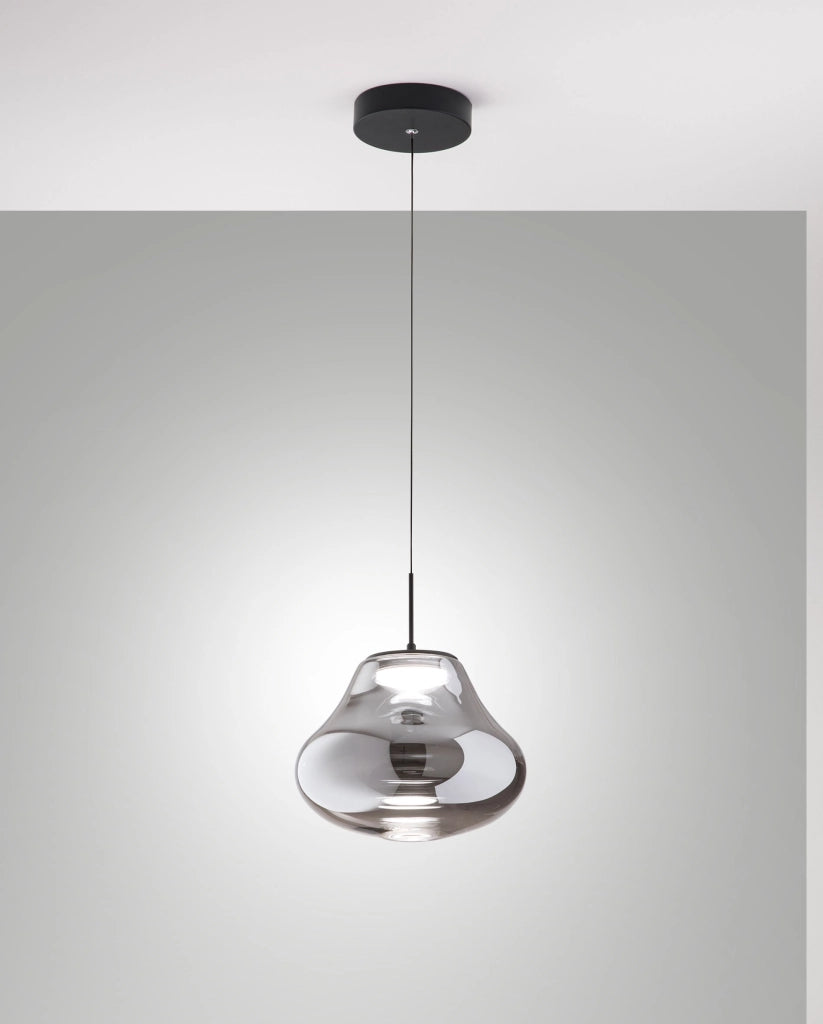 Lampada a Sospensione Deva Ø250mm Fumé, LED 14W 1510lm CCT Dimmerabile, Struttura in Metallo e Vetro Borosilicato - Deva