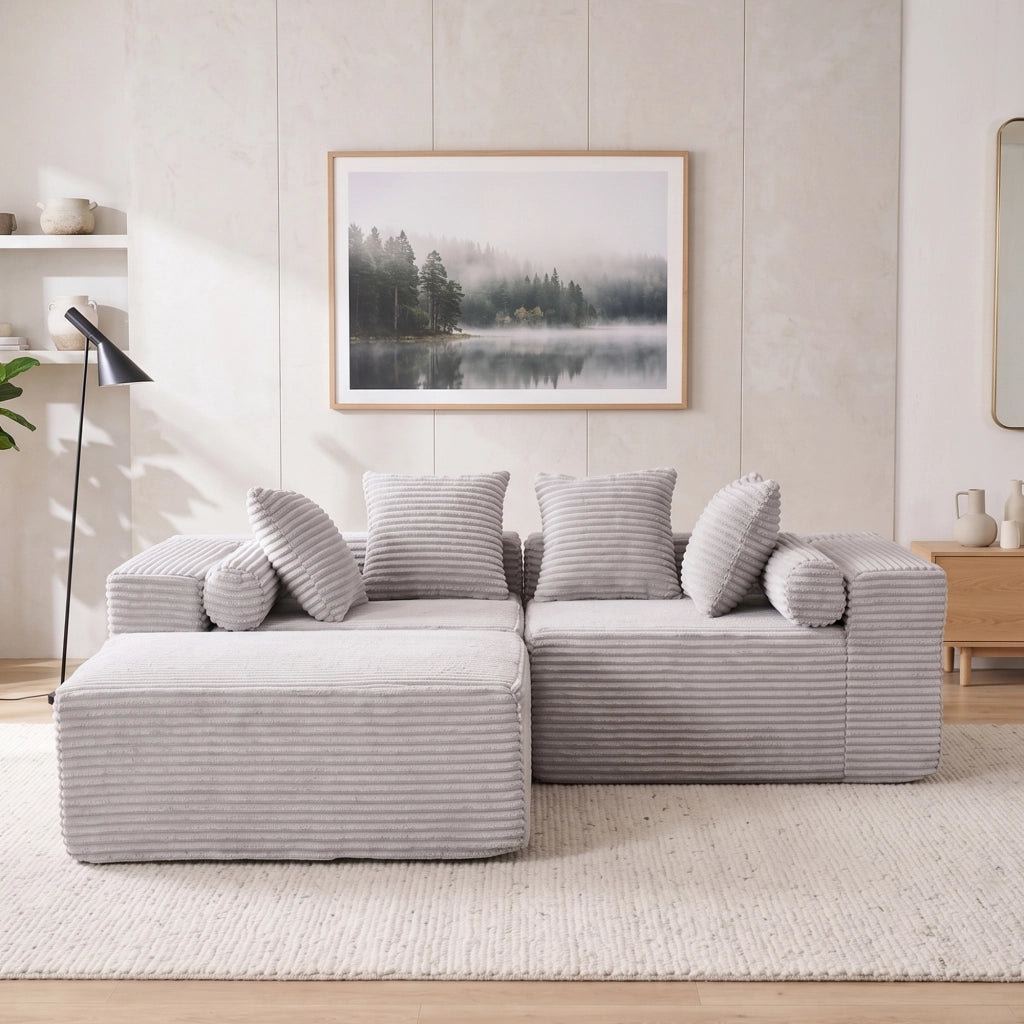 Divano angolare modulare a 3 pezzi con chaise longue grigio in schiuma e molle senza attrezzi per appartamenti