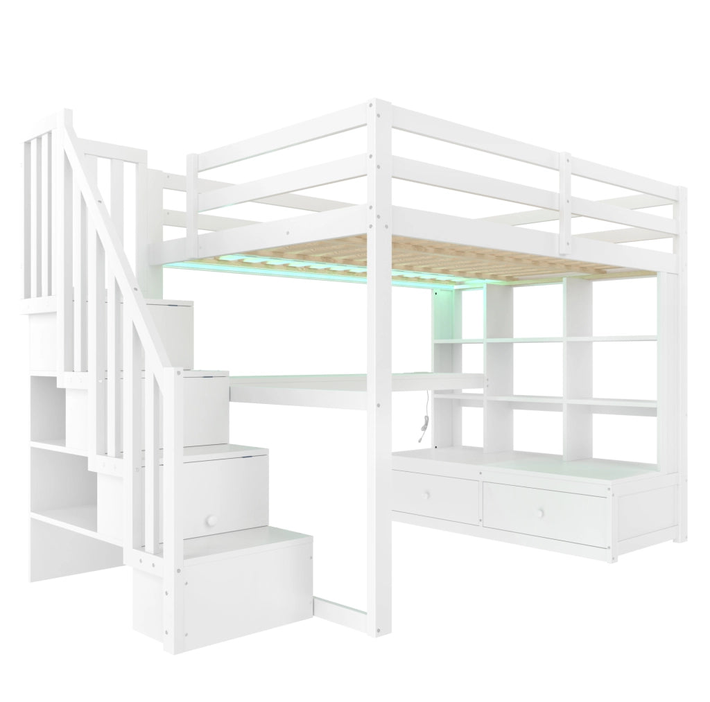 Letto a castello 140x200 cm con scrivania; scaffali; cassetti e scale contenitore; bianco