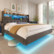 LETTO Contenitore con testiera 160x200 cm in lino grigio, LED e prese USB