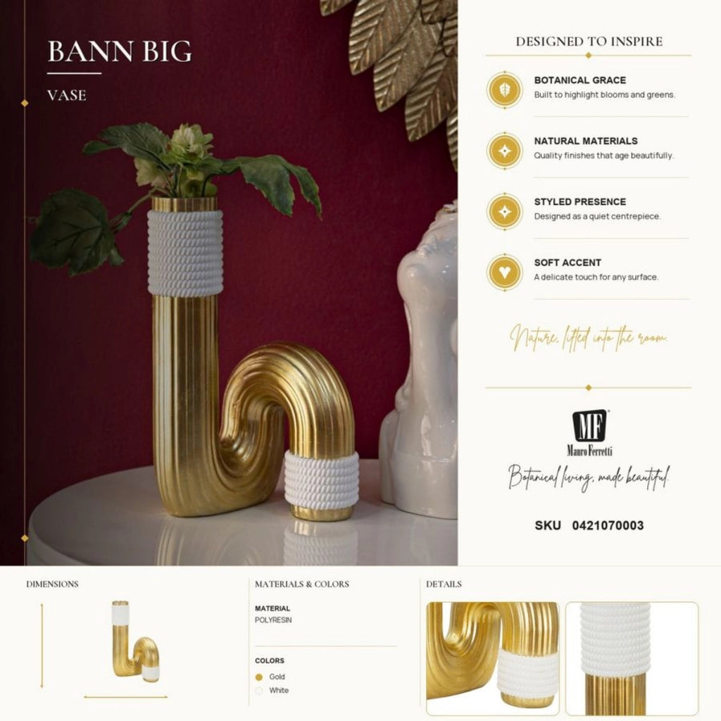 Vaso Bann Big bianco e oro in resina 14,5x25 cm