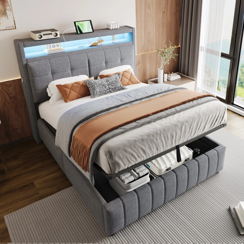 LETTO Imbottito 140x200 cm Grigio in Lino con LED, USB e contenitore