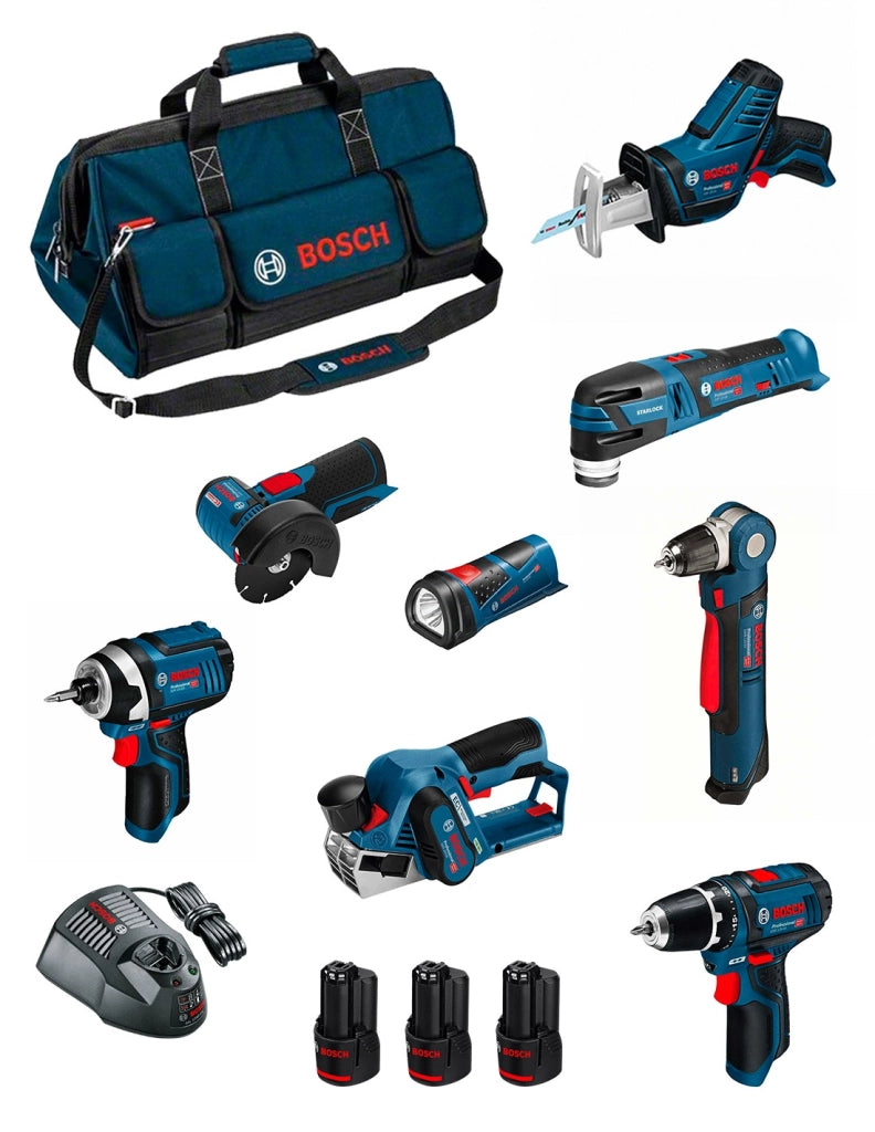 BOSCH Kit BMKB8-28ED3 (GSR12V-15+GDR12V-105+GWB12V-10+GWS12V-76+GOP12V-28+GSA12V-14+GLI12V-80+GHO12V-20+3x2,0Ah+GAL1230CV+HDBAG)