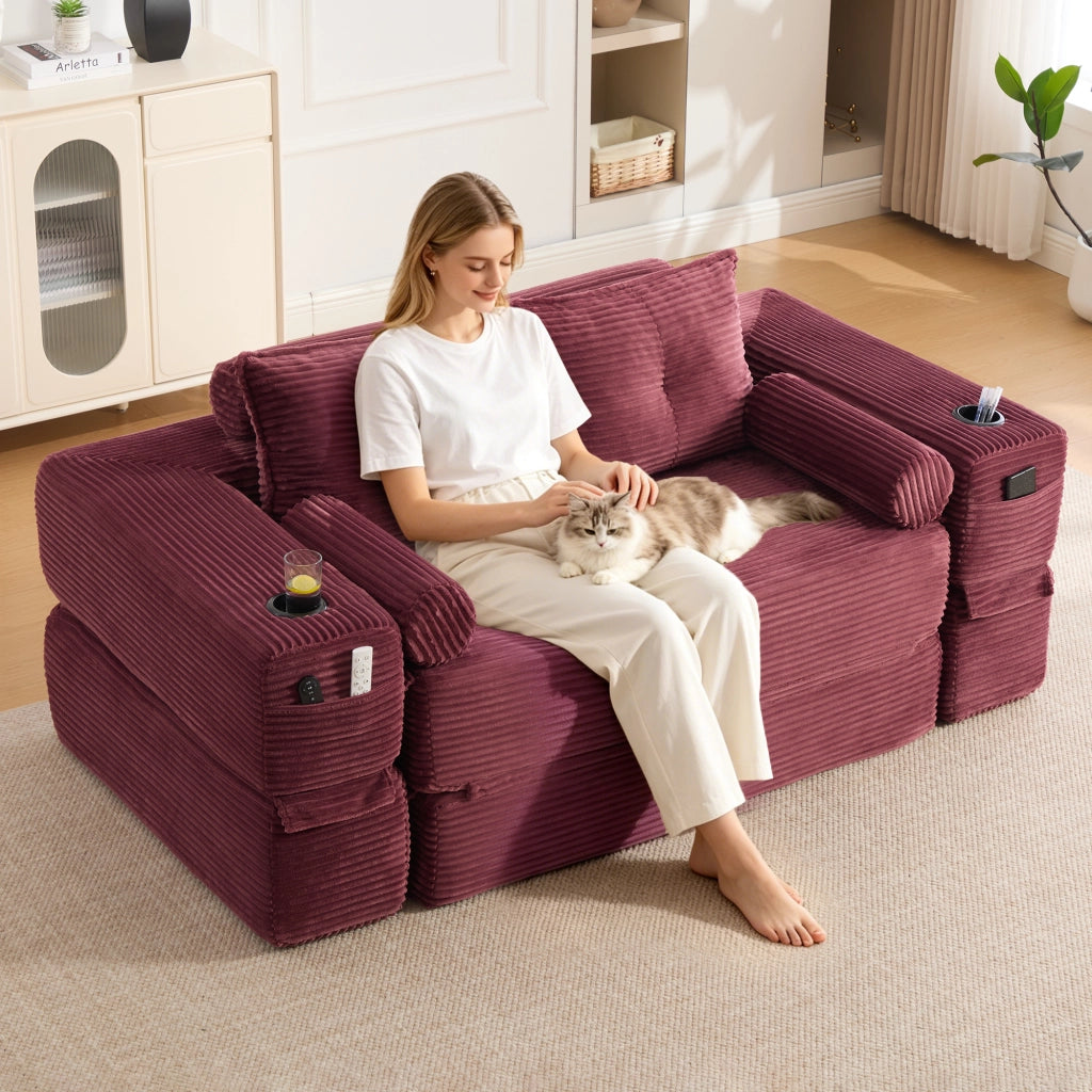 Divano Letto 2 Posti ¨C MINIMAL ¨C Tessuto a Coste, Cuscini Memory, con Tasche e Portabicchieri
