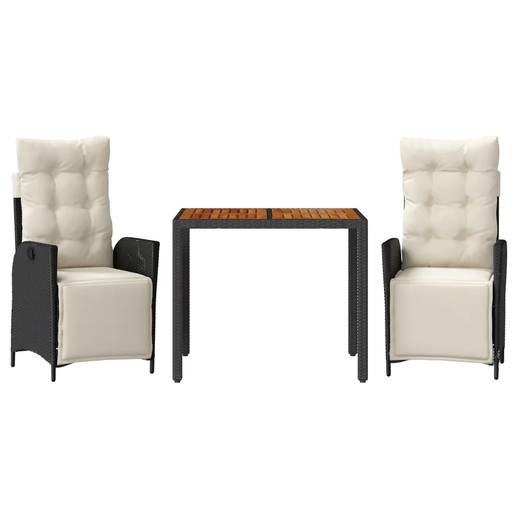 Set da Pranzo da Giardino 3 pz con Cuscini Nero in Polyrattan