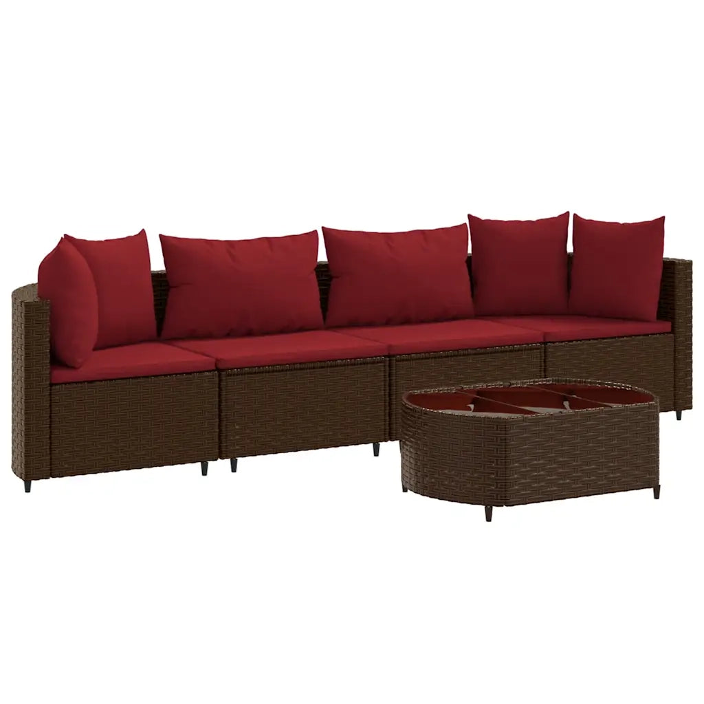 Set Divano da Giardino 5 pz con Cuscini Marrone in Polyrattan