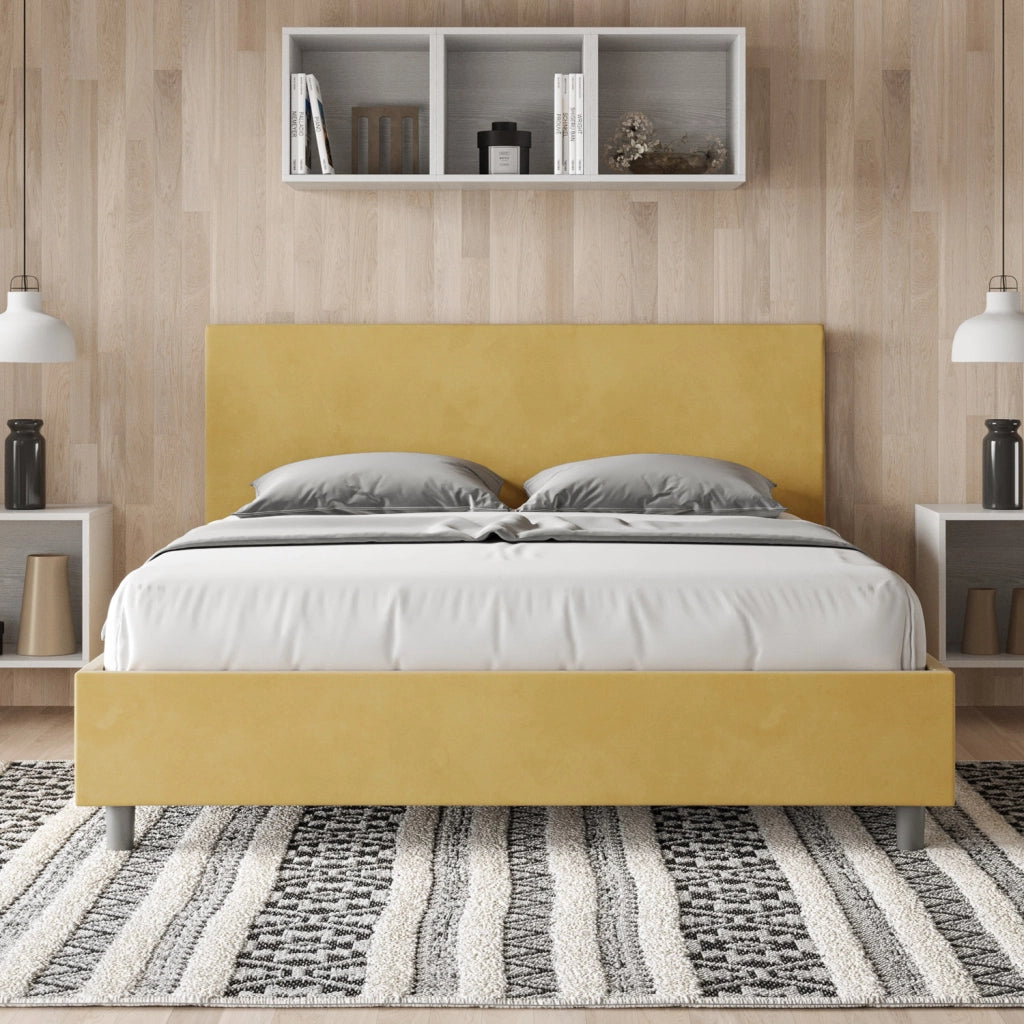 BS COM Letto matrimoniale francese contenitore imbottito 140x210 microfibra ocra