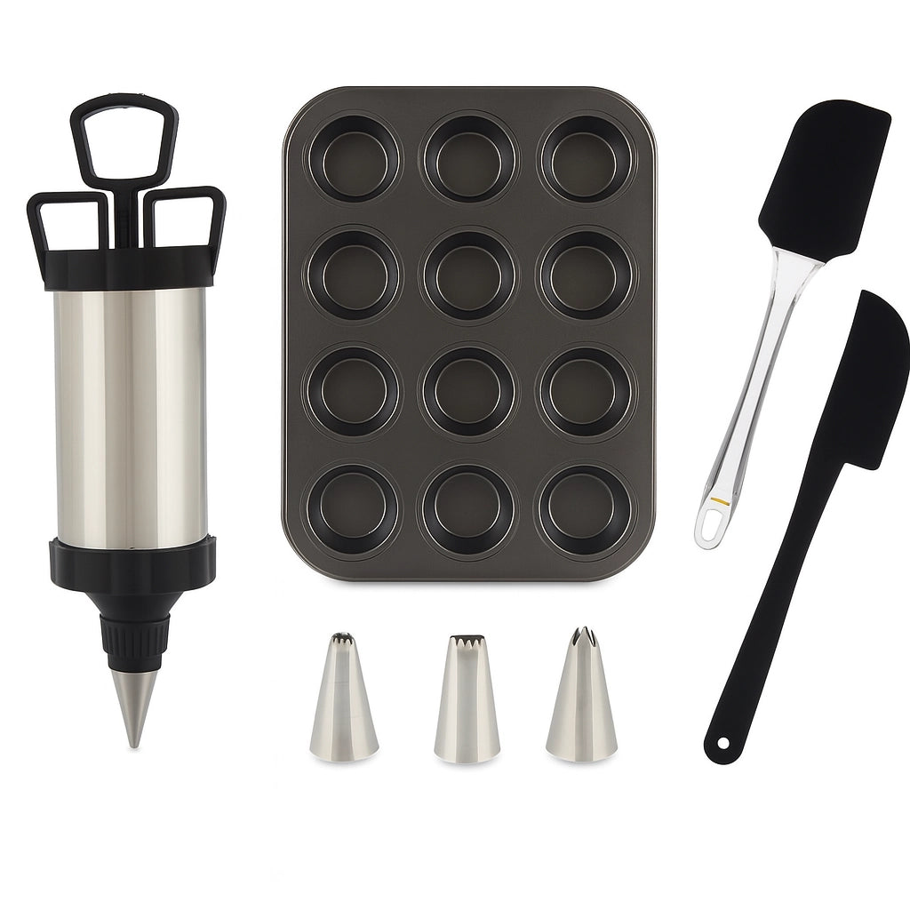 Set Decorazione Dolci con Siringa, Bocchette, Spatole e Teglia Muffin 12 pz