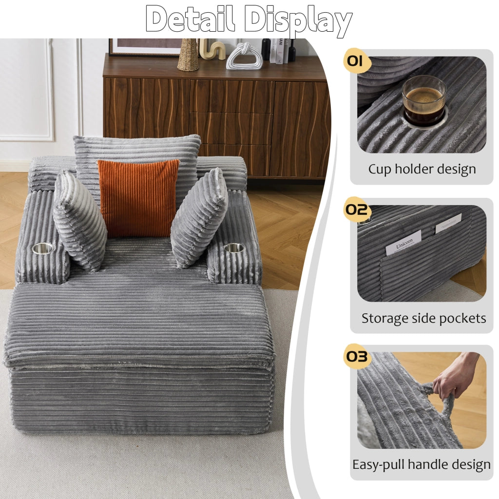 Divano letto con chaise longue ¨C Minimal ¨C grigio, tessuto, 3 cuscini