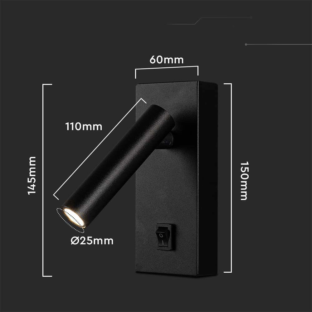 V-TAC applique LED 2W nero 4000K 150lm con switch
