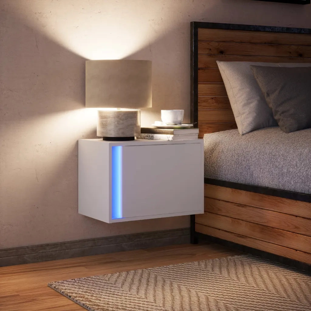 Comodino | Armadio da Notte | Mobiletto da notte a Parete con Luci LED Bianco