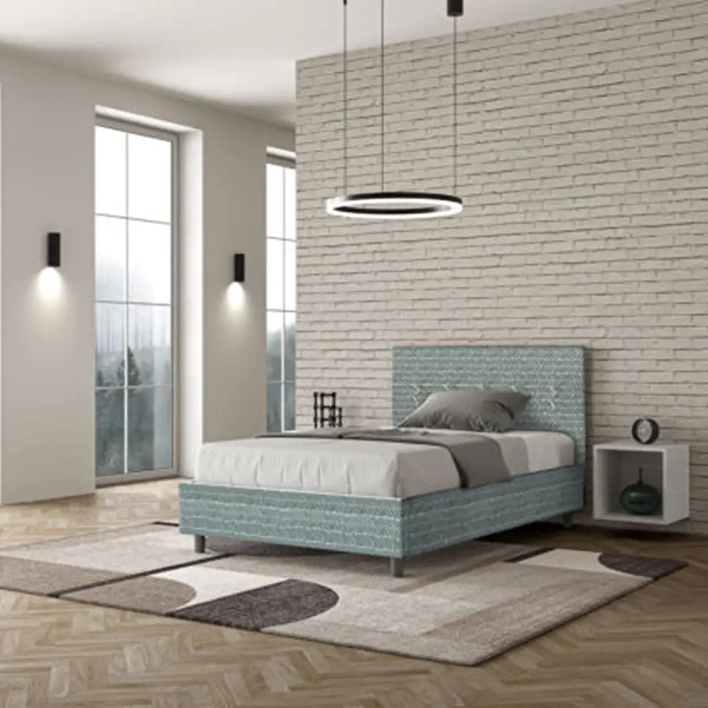 Letto una piazza e mezza con rete imbottito 120x200 tessuto Aragona 7 azzurro Adele