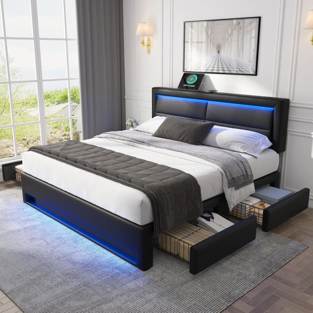 LETTO imbottito 140x200 cm PU nero con USB, LED e 4 cassetti
