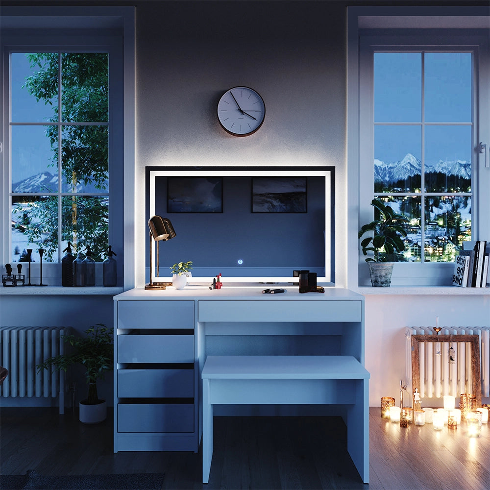 Vicco Tavolo da toeletta Bianco 120 cm con specchio a LED e panca