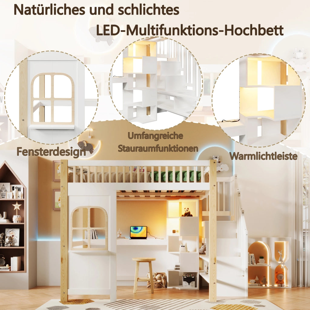 Letto a soppalco 140 × 200 cm con scrivania scala contenitore LED e presa elettrica in legno bianco naturale