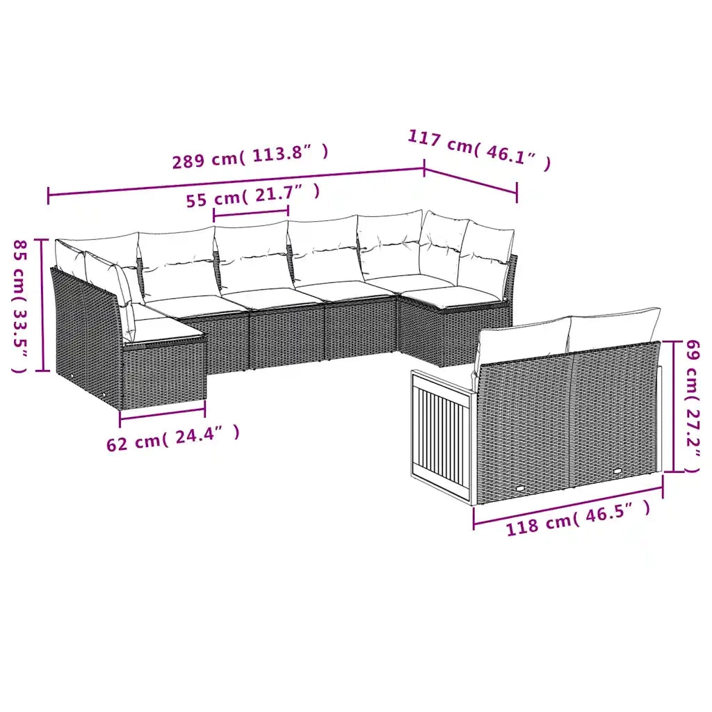 Set Divani da Giardino 9 pz con Cuscini Grigio in Polyrattan 3227972