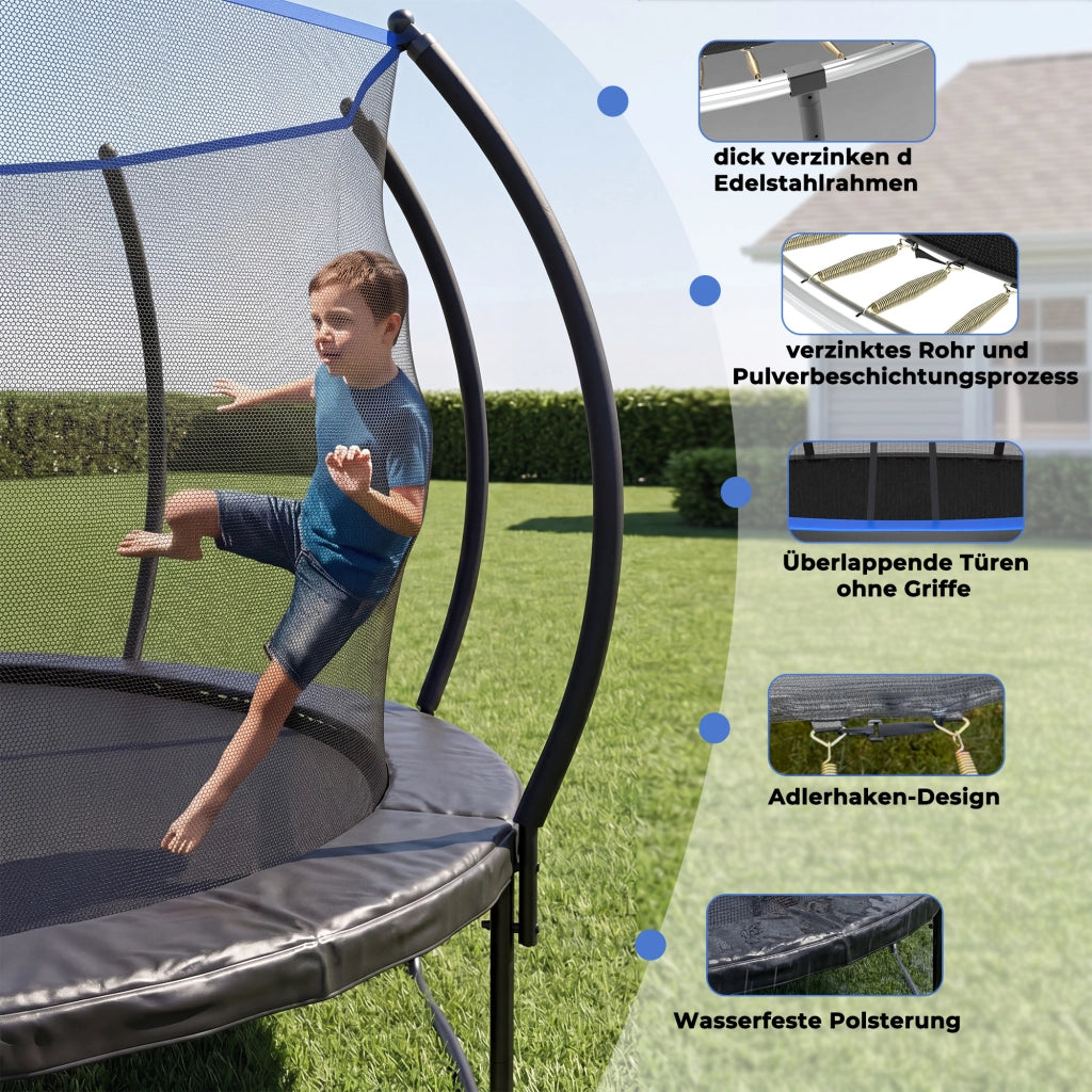 Trampolino rotondo 366 cm con rete di sicurezza e scala, per esterno, in acciaio, nero e blu