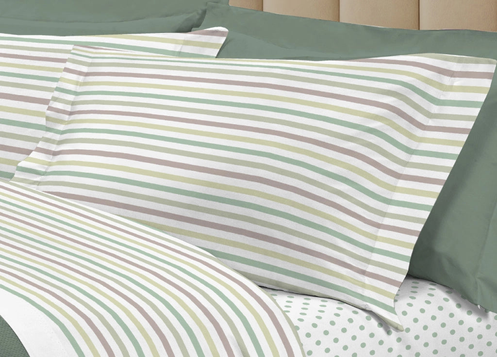 Completo Lenzuola Letto 100% Cotone Italy 3027 Disegno Riga Dots - Piazza E Mezza - Verde