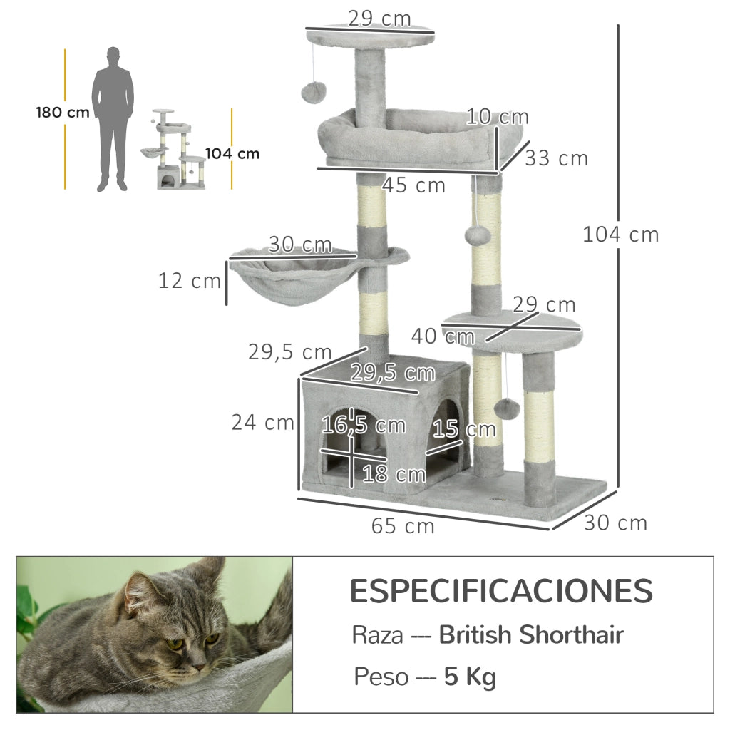 Albero per Gatti con Piattaforme e Cuscino ¨C Minimal ¨C Grigio 60x40x104 cm