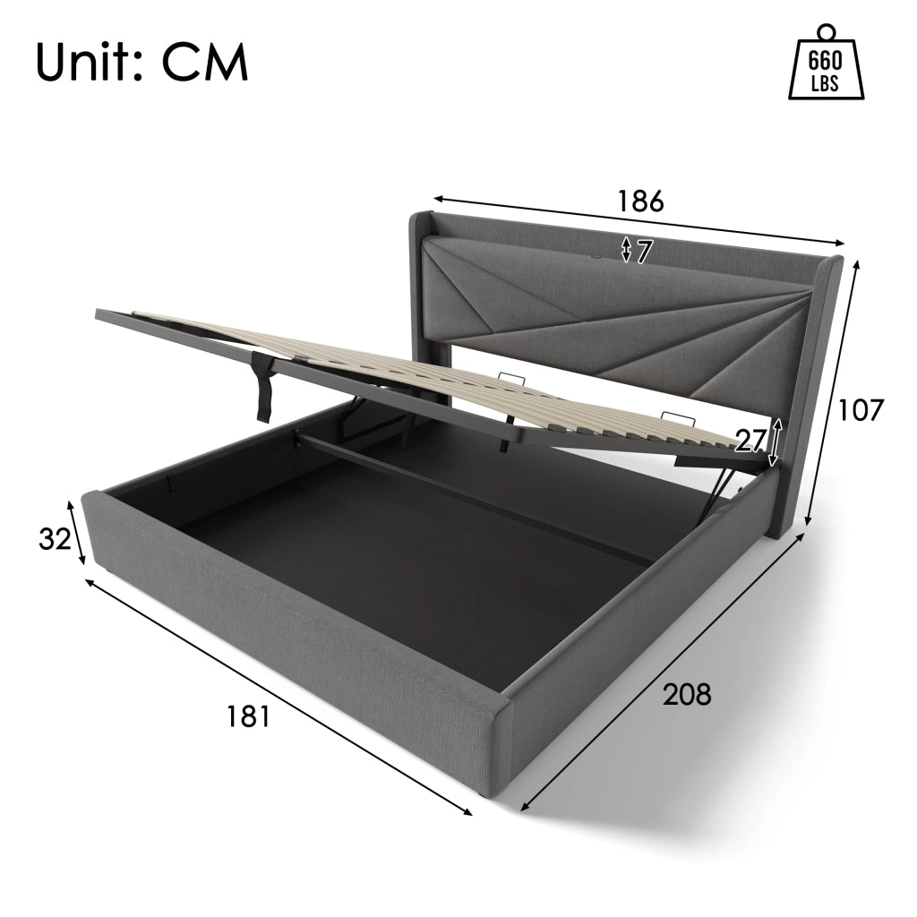 LETTO Contenitore 180x200 cm Grigio in cotone-lino con testiera e USB Type-C
