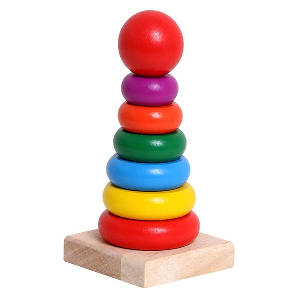 Trade Shop - Torre Arcobaleno Gioco In Legno Piramide Anelli Impilabili Montessori 20x9 Cm -