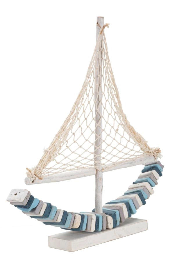 Scultura Barca a Vela in Legno con Rete in Tessuto 45x45 cm - BOAT