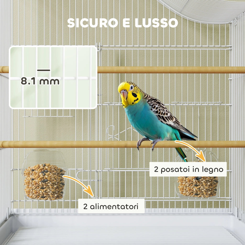 Gabbia per Uccelli a 4 Porte 47,5x36x54,5 cm con 2 Ciotole 2 Posatoi e Vassoio in Metallo e Plastica Bianco
