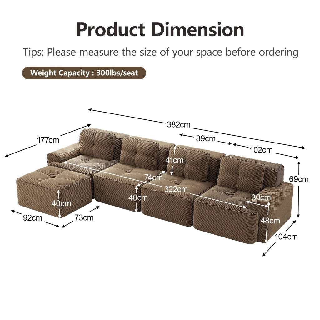 Divano Modulare Chaise Longue 4 Posti ¨C MINIMAL ¨C Velluto a Coste, Marrone