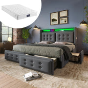 LETTO matrimoniale 140x200 cm in cotone-lino grigio con 4 cassetti e LED