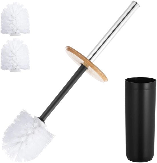 Set di spazzole per il water, con contenitore di conservazione e 3 teste di spazzola, spazzola per il water in bambù e plastica per accessori da bagno decorativi (nero)