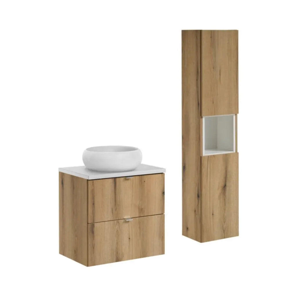 Set VANO effetto rovere e bianco 90cm: mobile sottolavabo con cassetti + piano per lavabo + lavabo da appoggio rotondo + colonna