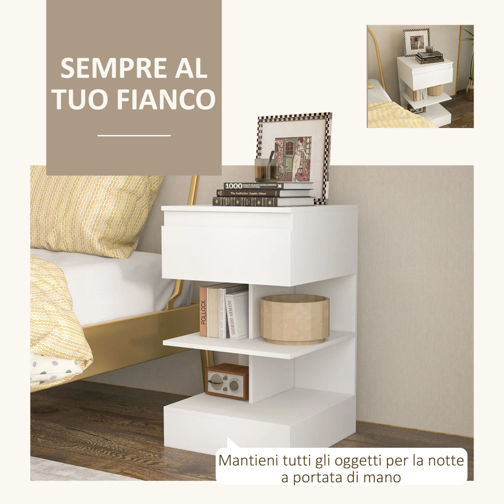 Comodino Moderno in MDF con Cassetto e Ripiani ¨C Zephmum ¨C Bianco 39x39x65