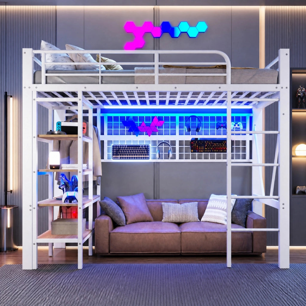 DESMIU Letto a Soppalco Letto Singolo 90 × 200 cm 1 Posto con LED Regolabile, Mensola e Rete Sospesa, senza Materasso
