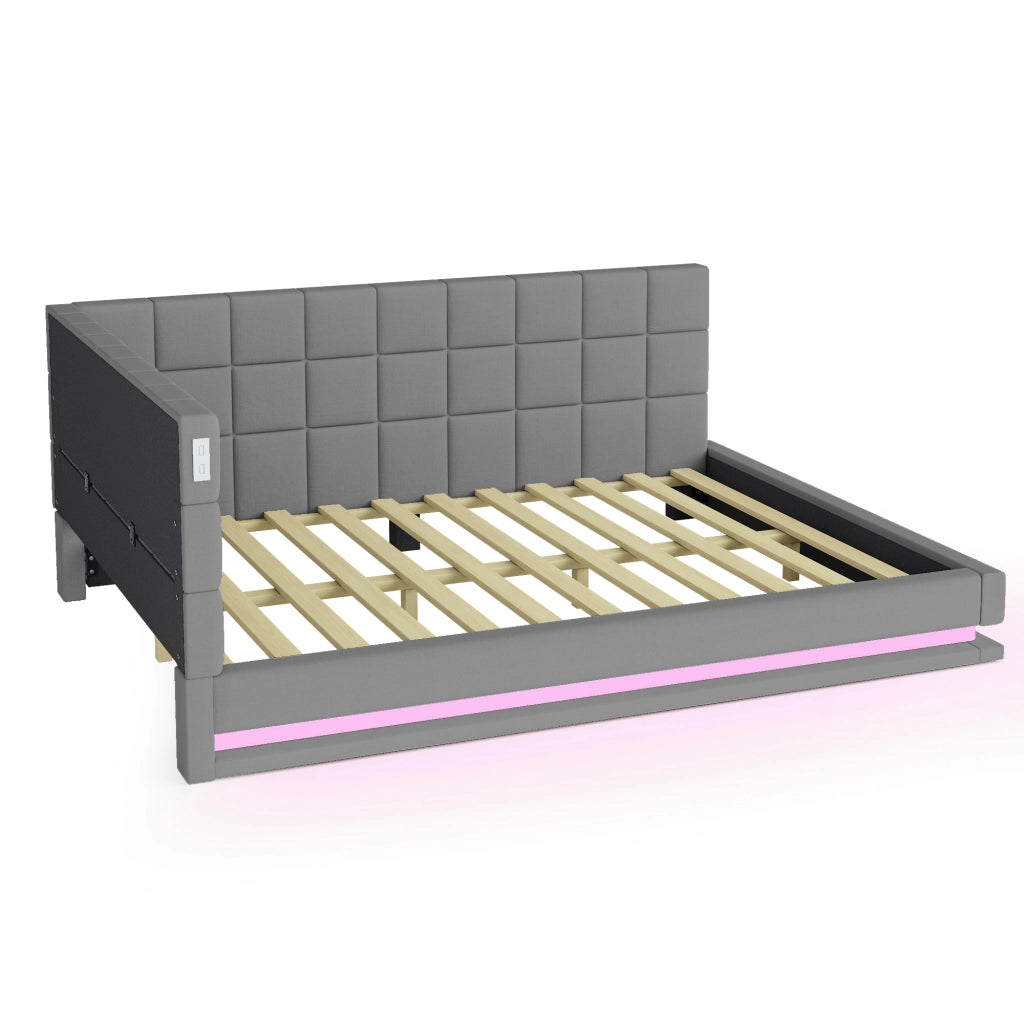 LETTO Imbottito Convertibile 160x200 cm Grigio in lino con LED e USB