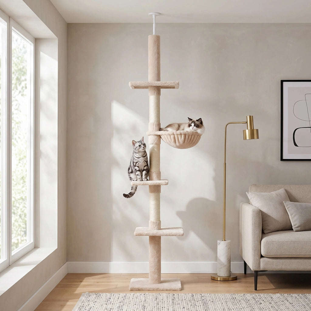 Tiragraffi per Gatto a Soffitto con Amaca ¨C Minimal ¨C 40x34x230-260cm Beige