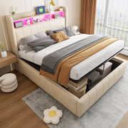 LETTO imbottito 140x200 cm Beige con LED, USB, porta Type-C e contenitore idraulico
